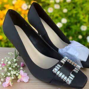 NEW 3.5" black silk high heels gems pattern square toe work interview elegan